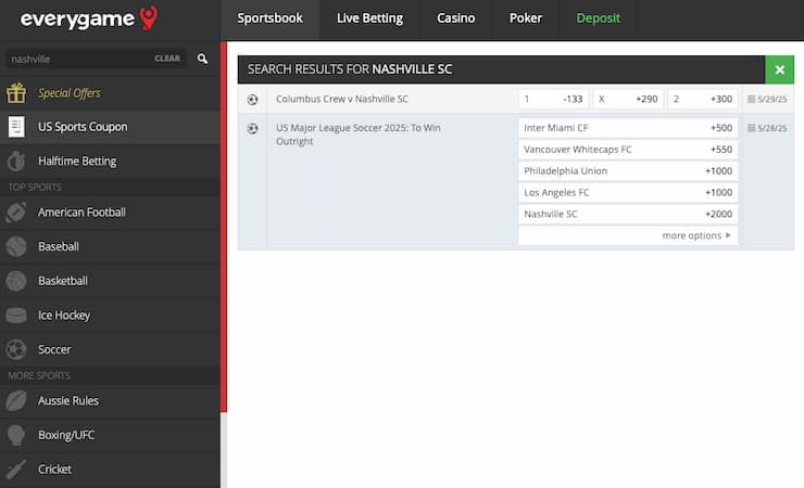An image of the betting screen from Everygame, a popular online sportsbook in Tennessee.